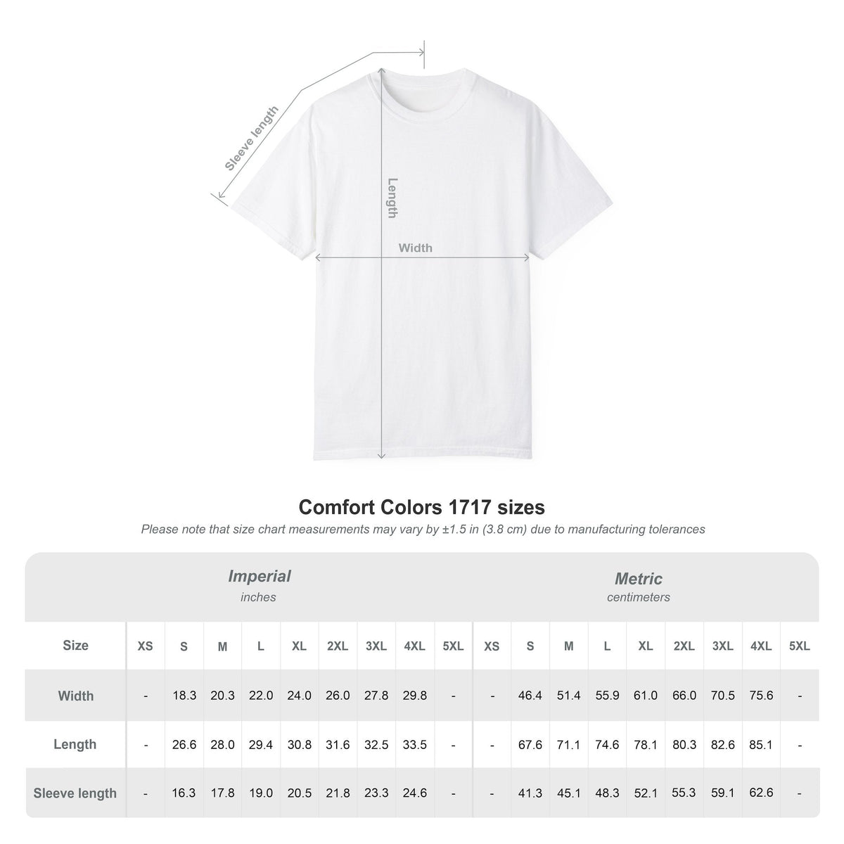 Comfort Colors 1717 size chart — inches and centimeters