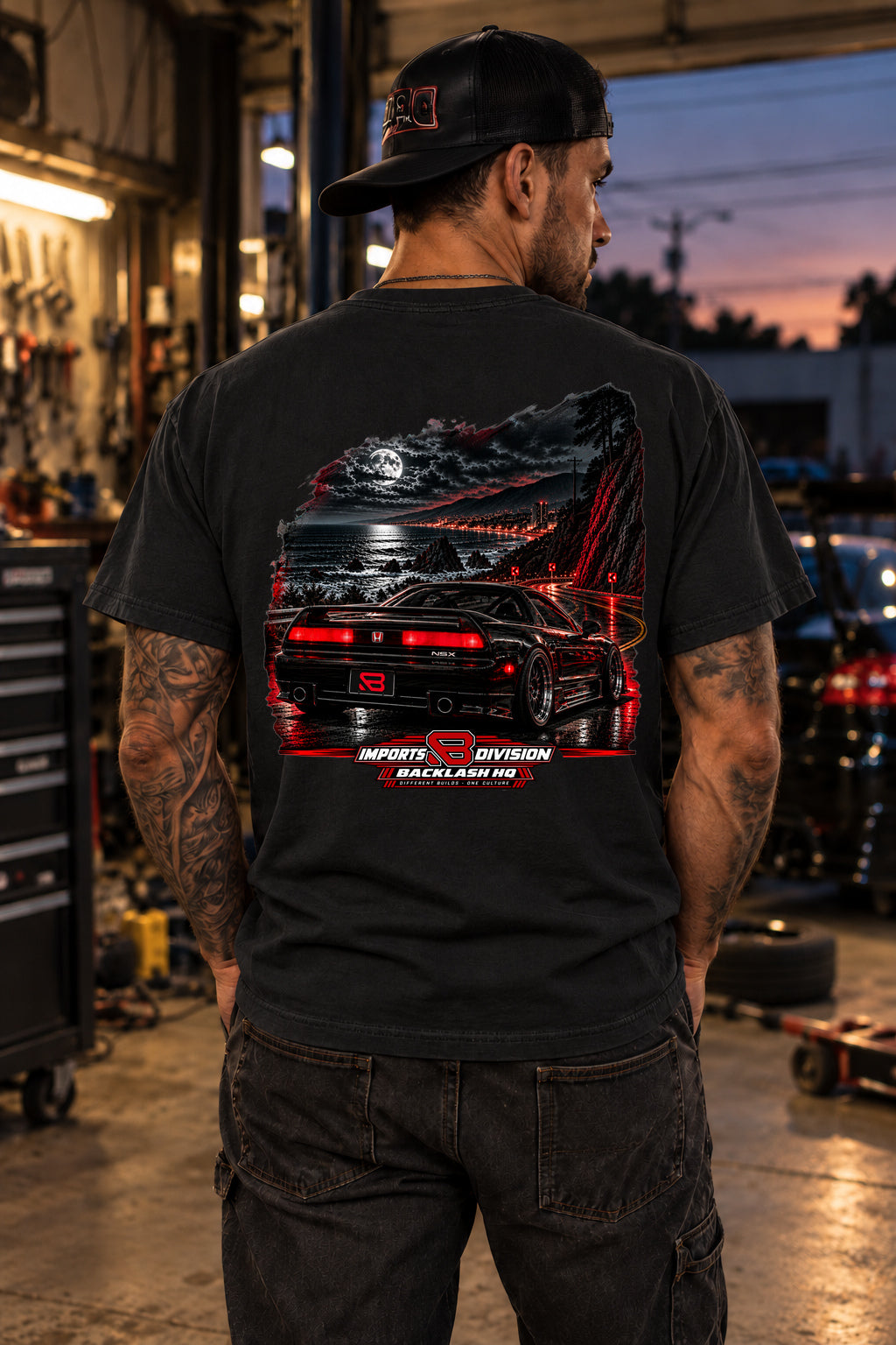 Male model showing the back of the black NSX Imports T-Shirt – Late Nights Loud Machines | Backlash HQ, original artwork