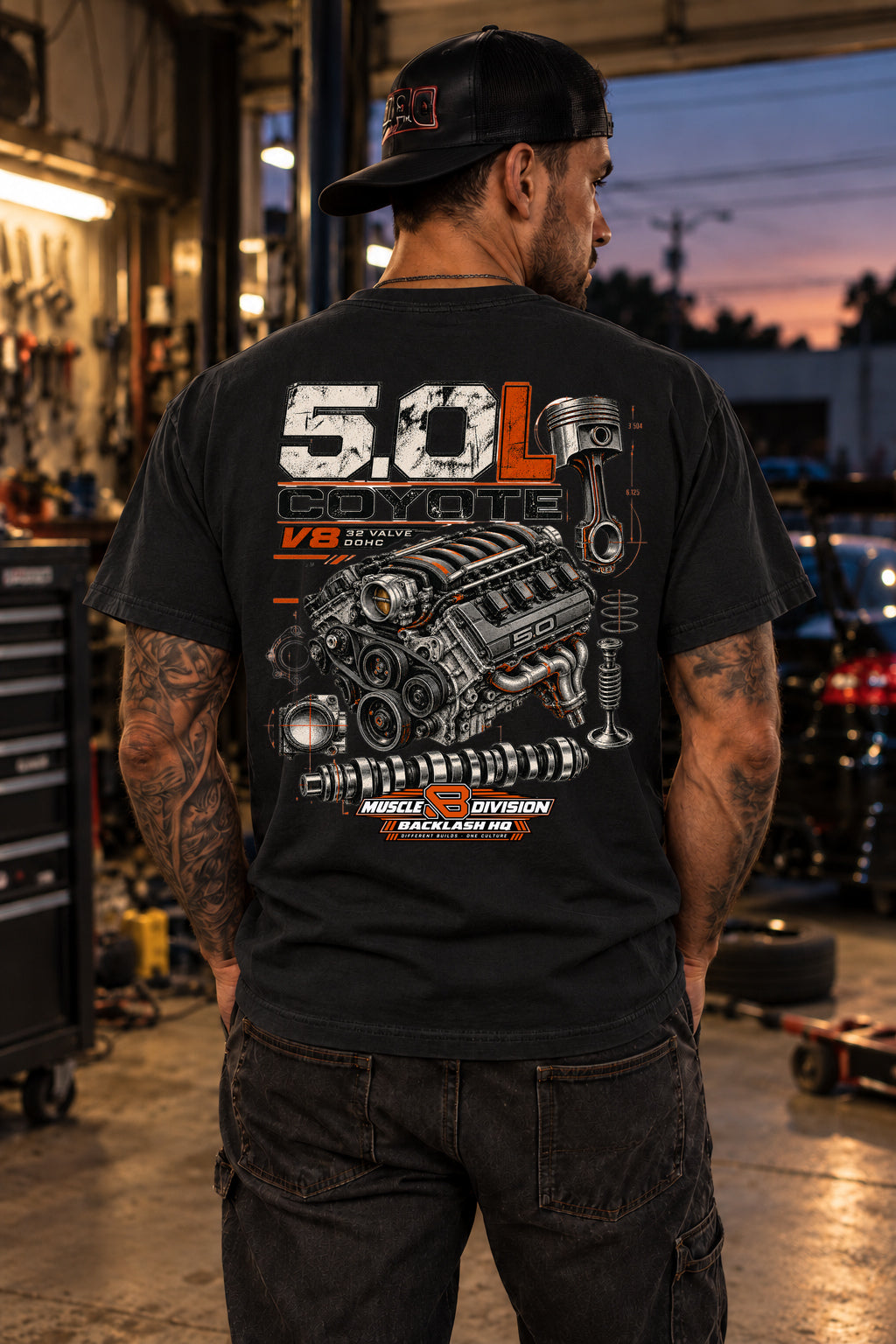 Male model showing the back of the black 5.0L Coyote V8 Engine T-Shirt | Backlash HQ, original artwork