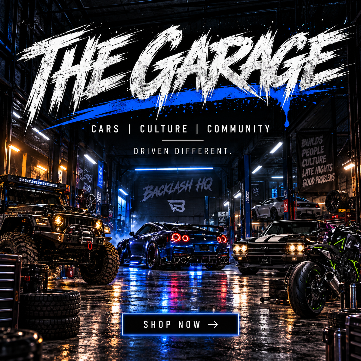 Backlash HQ The Garage automotive culture apparel collection