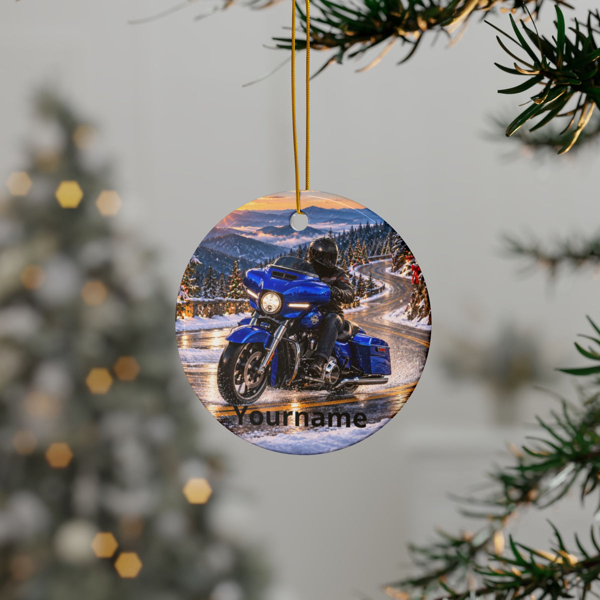 Personalized Blue Touring Motorcycle Winter Ceramic Ornament | Backlash HQ