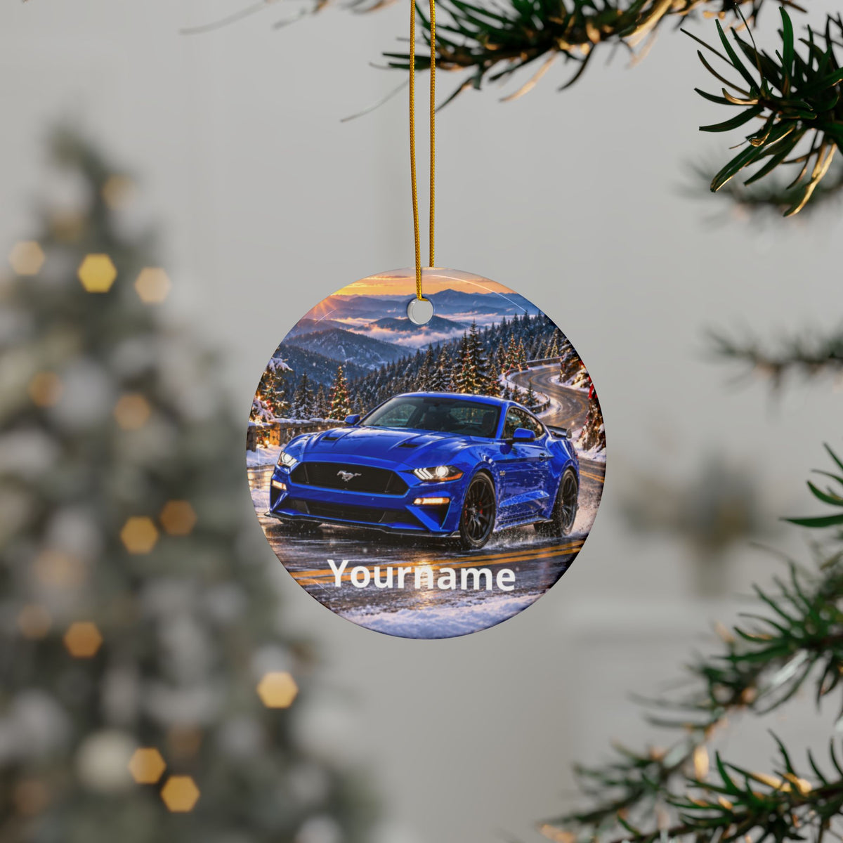 Personalized Blue Mustang Winter Ceramic Ornament | Backlash HQ