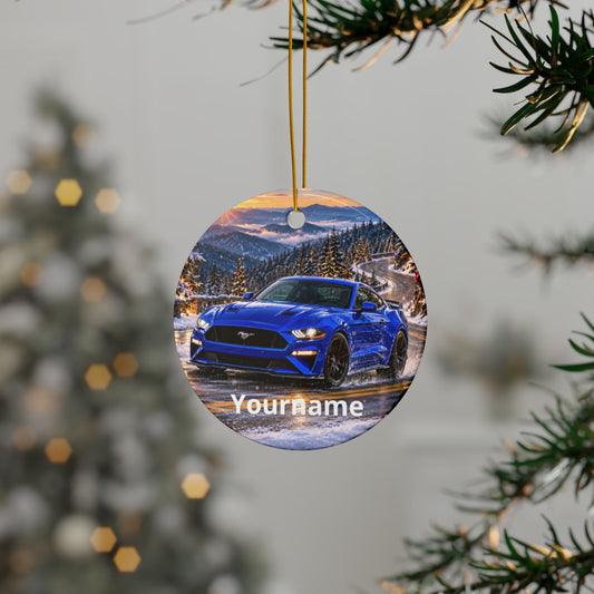 Personalized Blue Mustang Winter Ceramic Ornament | Backlash HQ