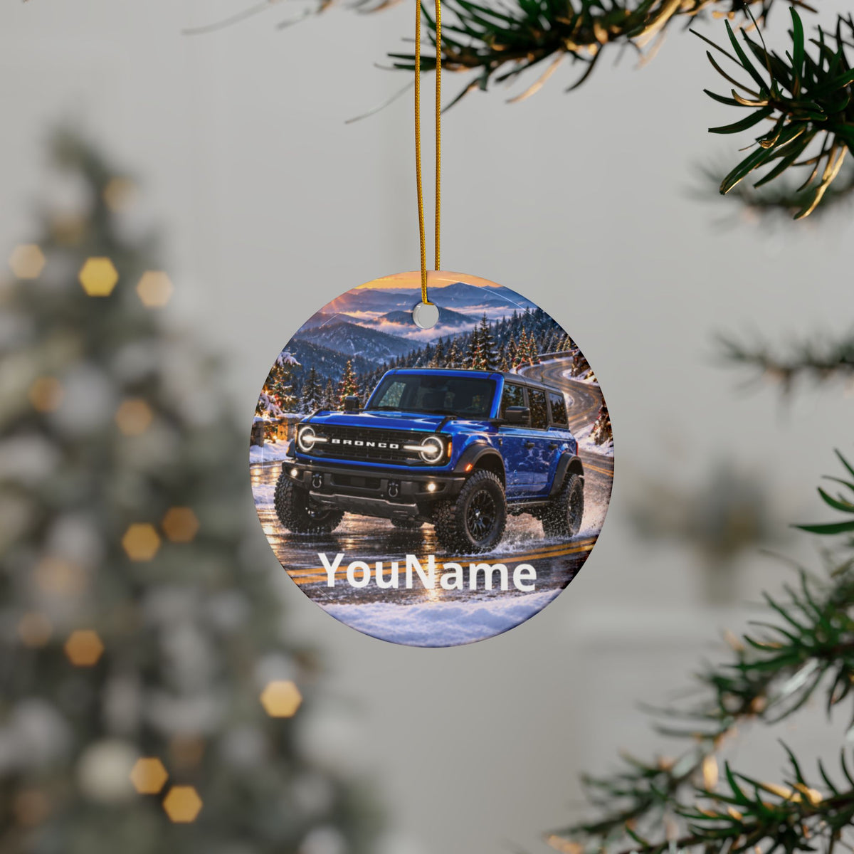 Personalized Blue Bronco Winter Ceramic Ornament | Backlash HQ