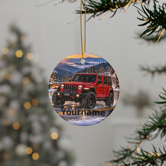 Personalized Red Jeep Winter Adventure Ceramic Ornament | Backlash HQ