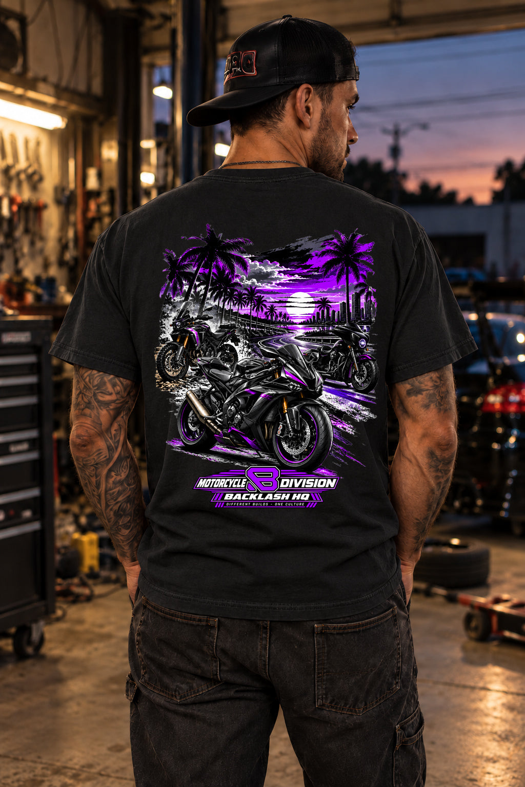 Male model showing the back of the black Friends Family Culture Motorcycle T-Shirt | Backlash HQ, original artwork