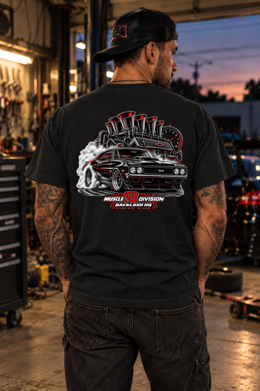 Male model showing the back of the black Big Block Bad Intentions Chevelle T-Shirt | Backlash HQ, original artwork