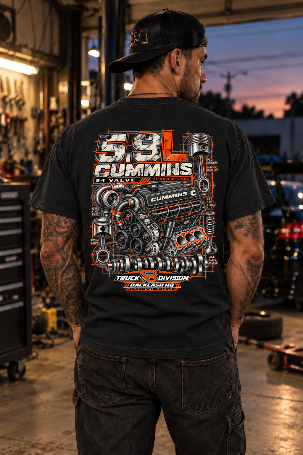 Male model showing the back of the black 5.9L Cummins Turbo Diesel Engine T-Shirt | Backlash HQ, original artwork