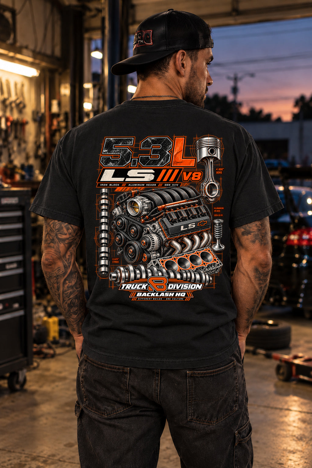 Male model showing the back of the black 5.3L LS V8 Engine T-Shirt | Backlash HQ, original artwork
