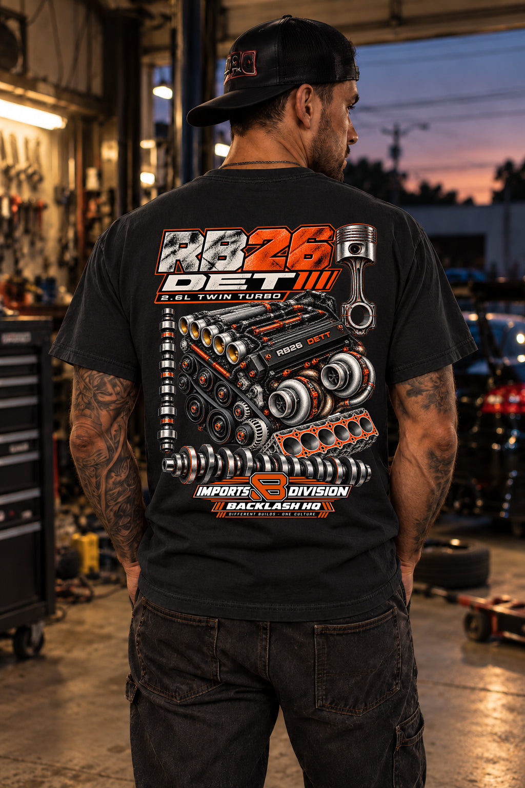 Male model showing the back of the black RB26DETT Twin Turbo Engine T-Shirt | Backlash HQ, original artwork
